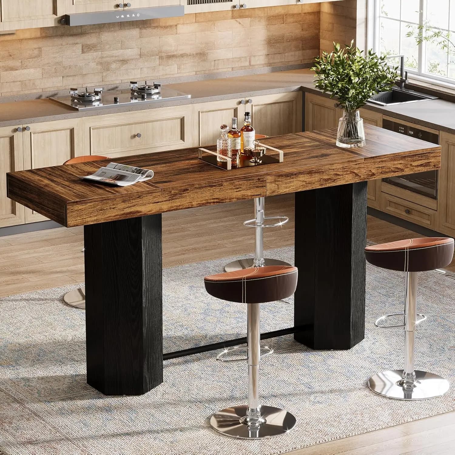 Tavolo da Bar Extra Lungo 180 cm, Tavolo Industriale Altezza Bancone, Tavoli Rettangolari Altezza Bar con Poggiapiedi in Metallo, Personalizzabile