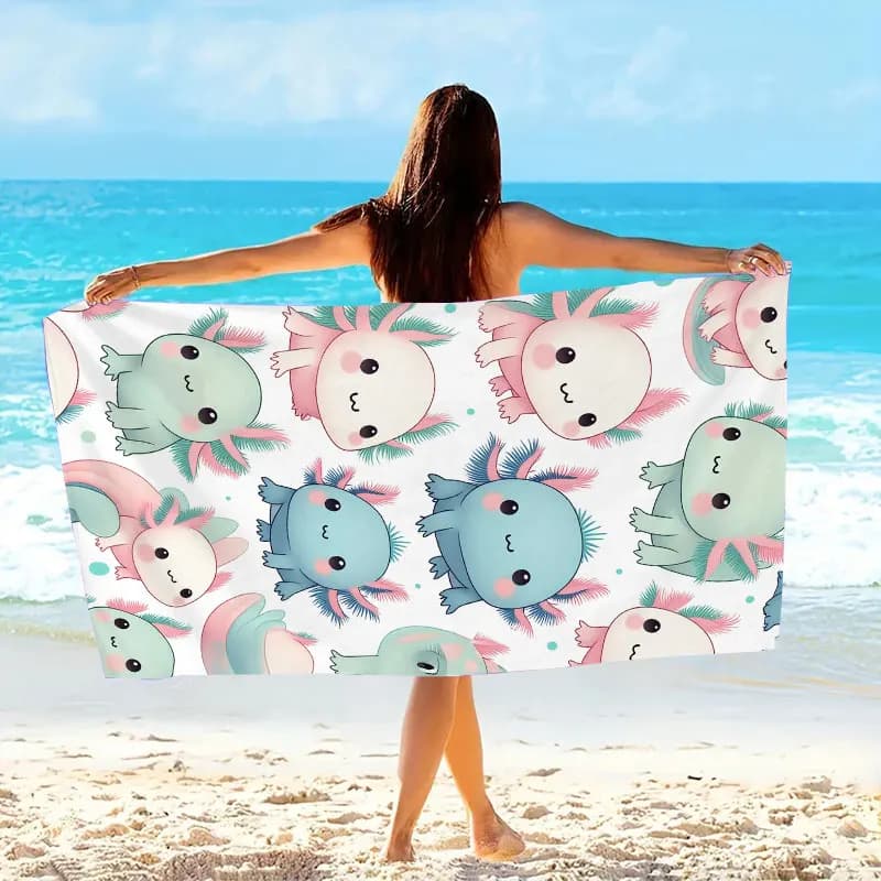 1 pezzo di simpatico telo da spiaggia Axolotl - motivo a cartoni animati in pastello, morbida microfibra ad asciugatura rapida, per spiaggia, piscina, viaggi, campeggio, yoga