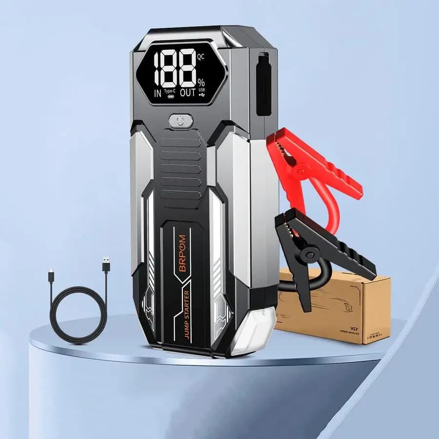 BRPOM 7000A Portable Car Starter Battery Pack - Jump Box With Jumper Cables, Fast Charging, Large Display, Lights For 9.0L Gasol