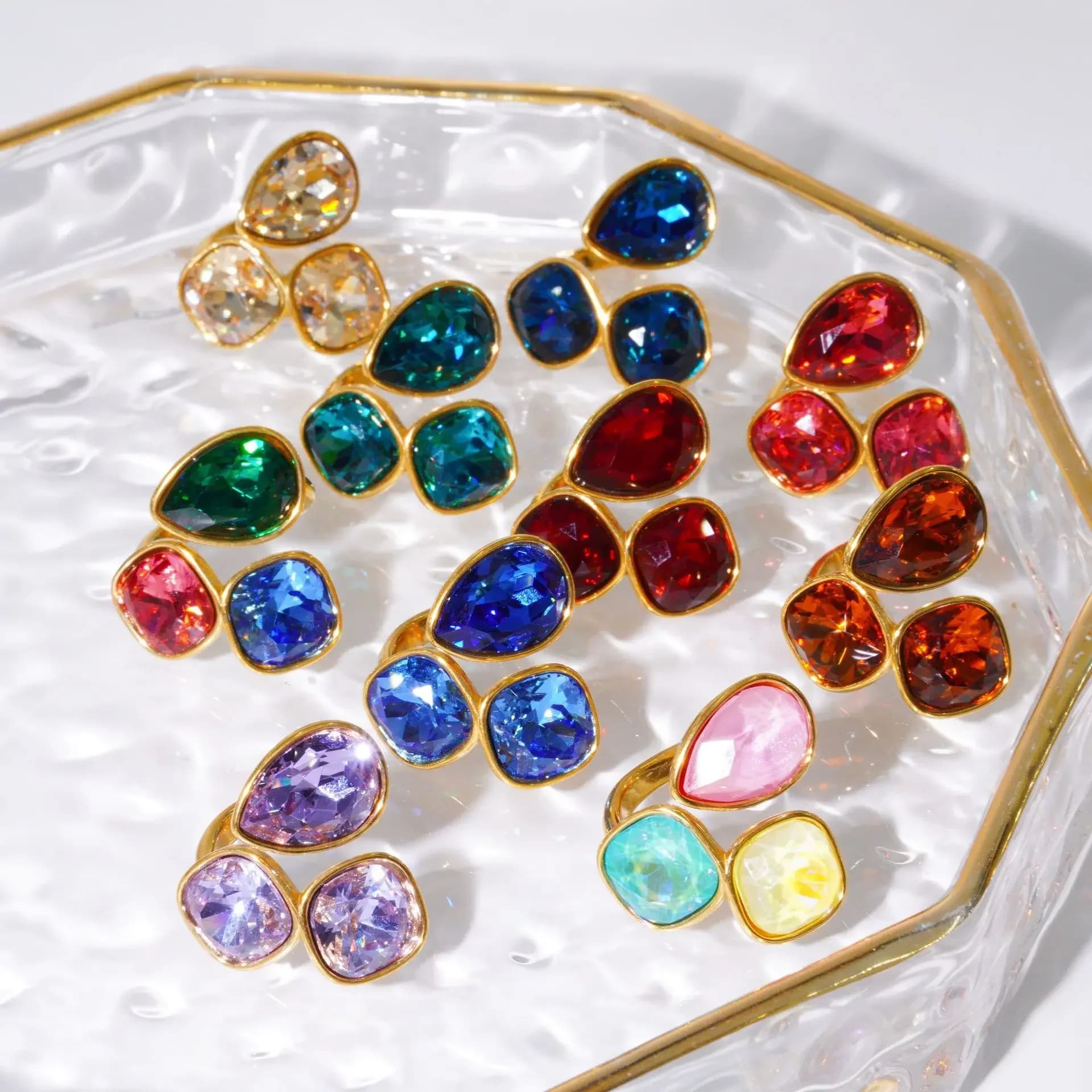 New light luxury style colorful titanium steel open ring water drop square geometric element 14K gold plated crystal ring