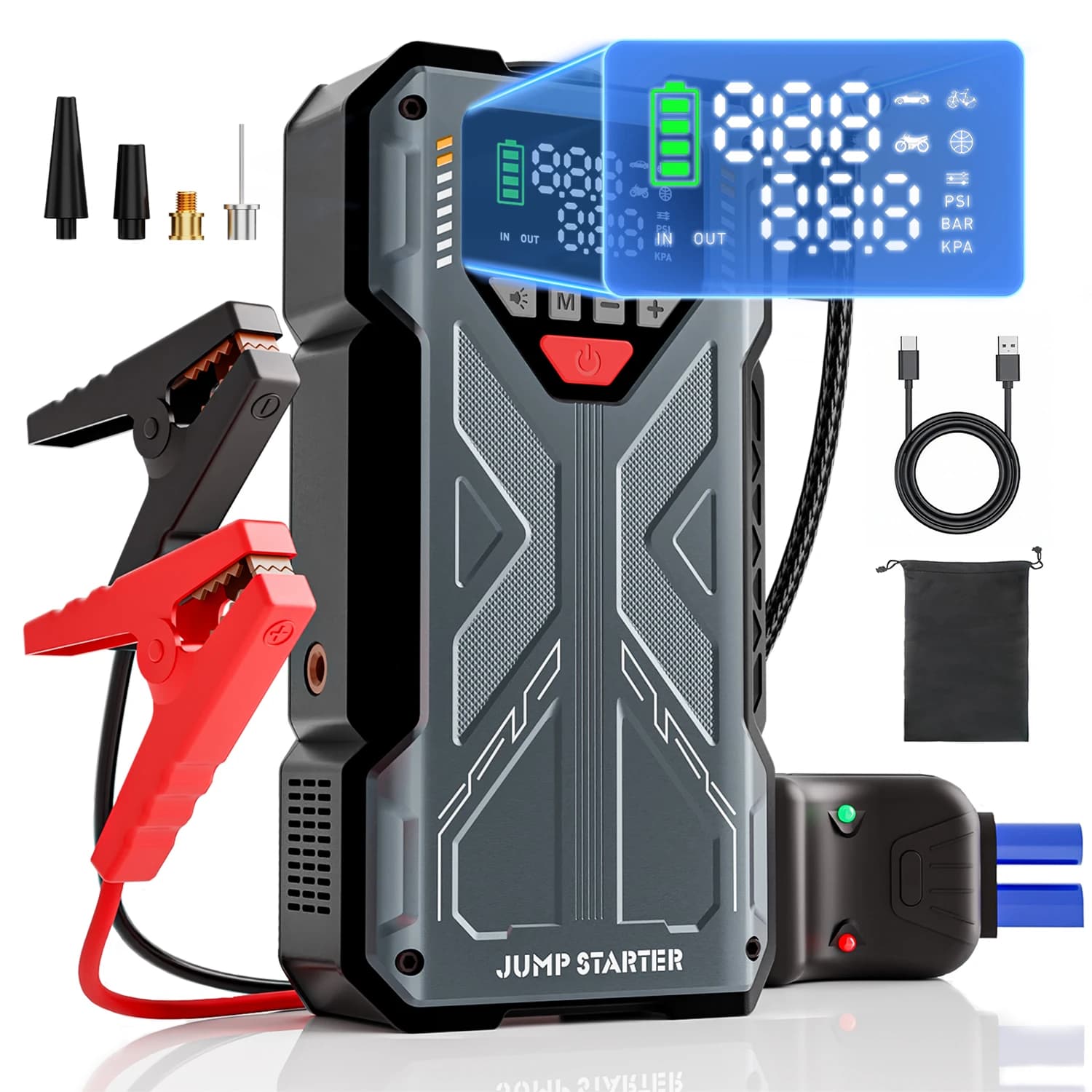 Avviatore di emergenza con compressore d'aria, Power Bank per avviamento di emergenza per auto 5000A Picco 12V (7.5LPetrol/6.0l Diesel), Ricarica rapida UsB, Ba per auto