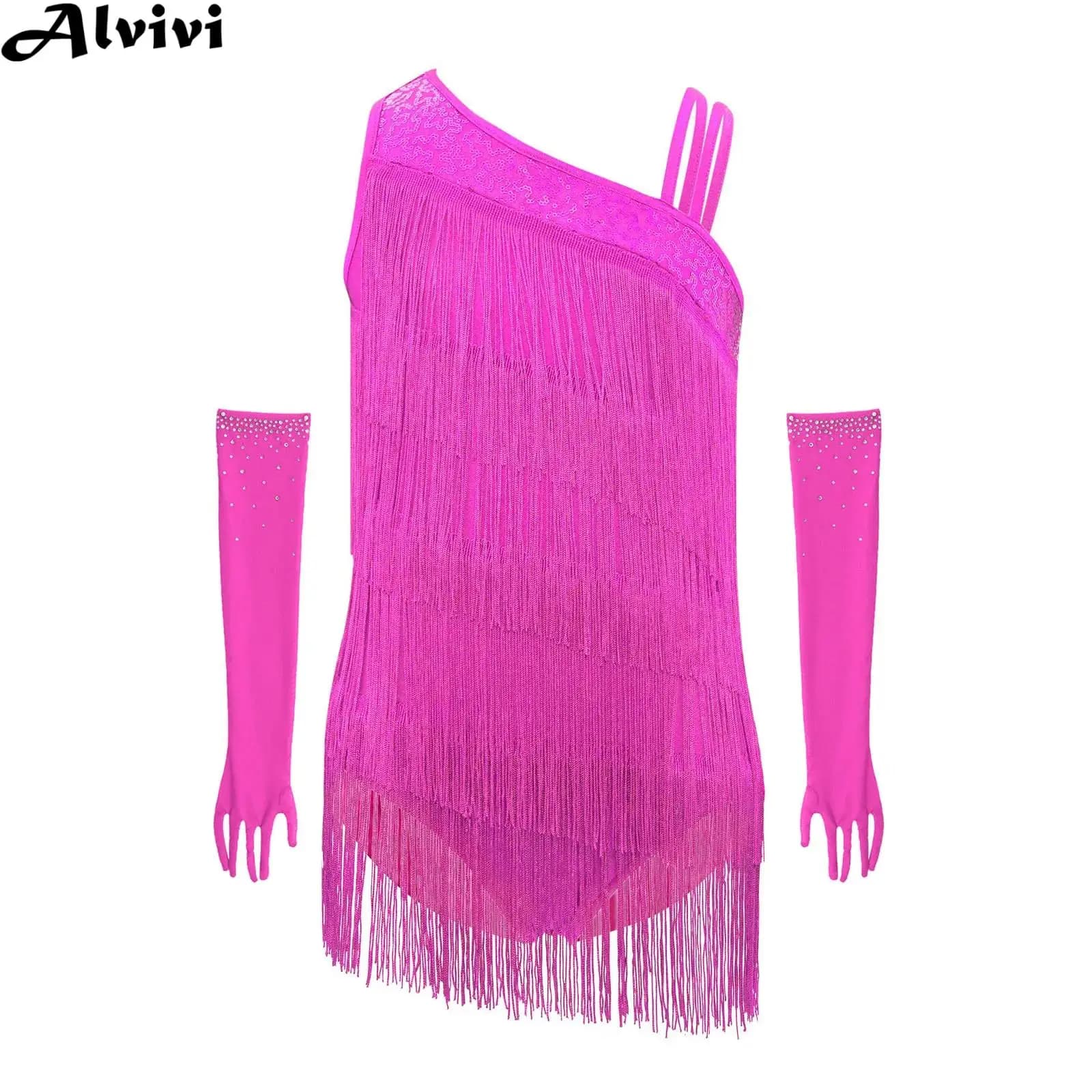 Bambini Ragazze Latino Jazz Costume di Ballo di Pattinaggio di Figura Sala da Ballo Cha-cha Tango Samba Rumba Nappa Body Vestito Guanti di Maglia Dancewear