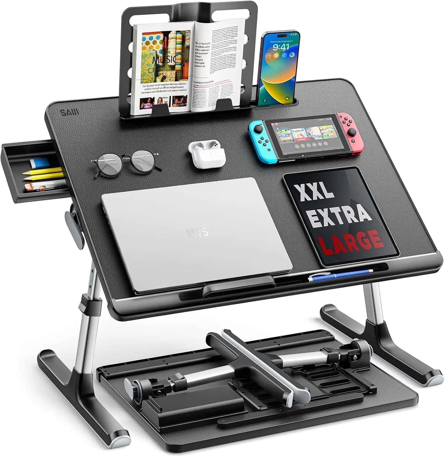 Tavolino da letto regolabile per laptop con cassetto portaoggetti, pieghevole per mangiare, lavorare, giocare, disegnare