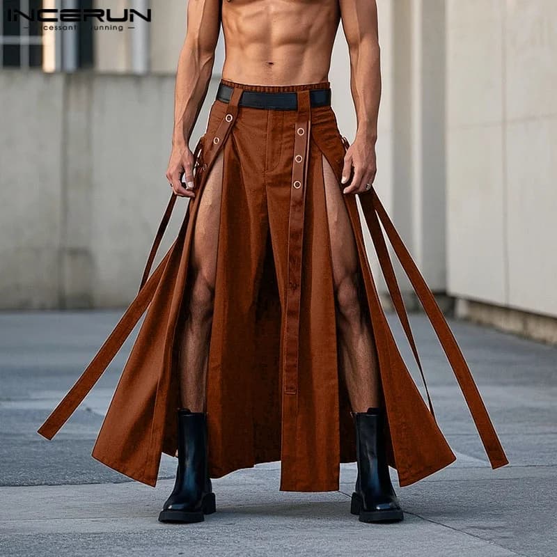 INCERUN Uomini Gonne Pantaloni Solidi Elastico in Vita Oversize Split Pantaloni Irregolari Uomini Gonne Streetwear 2025 Moda Uomo Bottoms