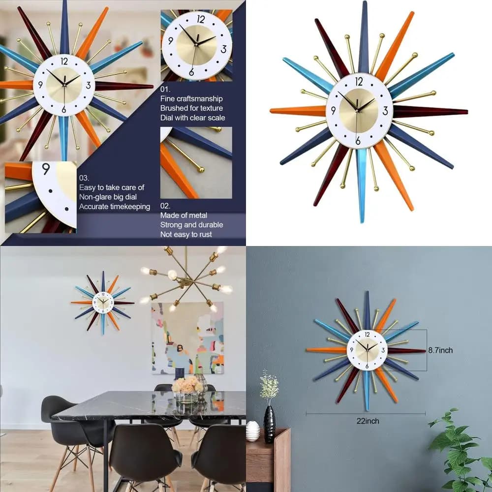 22 Inch Wall Clock, Mid-Century Style Wall Clock, Starburst Watch Silent Battery, 3D Wall Clock for Home Furniture