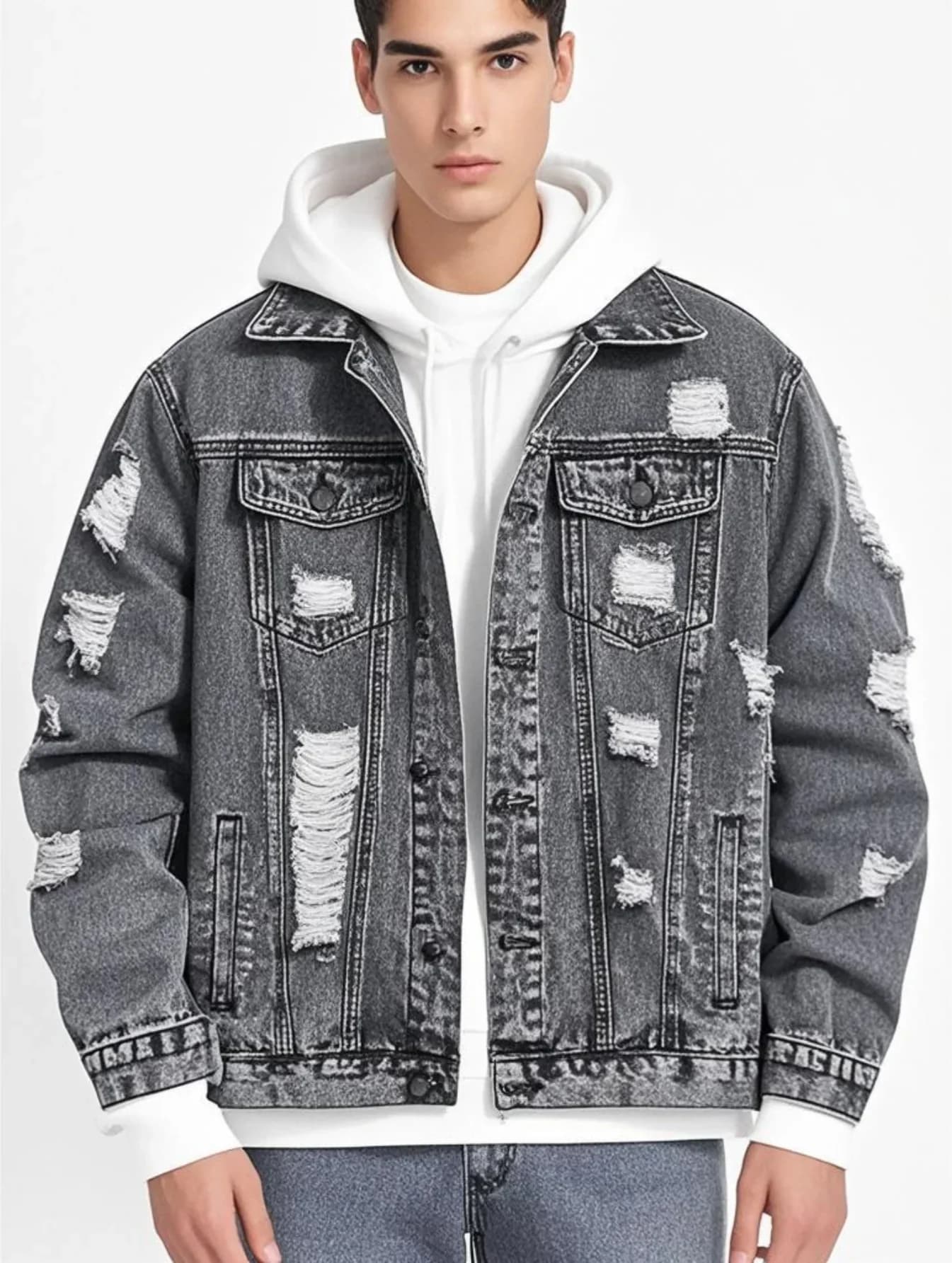 Giacca in denim leggera da uomo per tutte le stagioni, effetto stone washed, stile casual americano da strada (senza cappuccio/nessun accessorio)