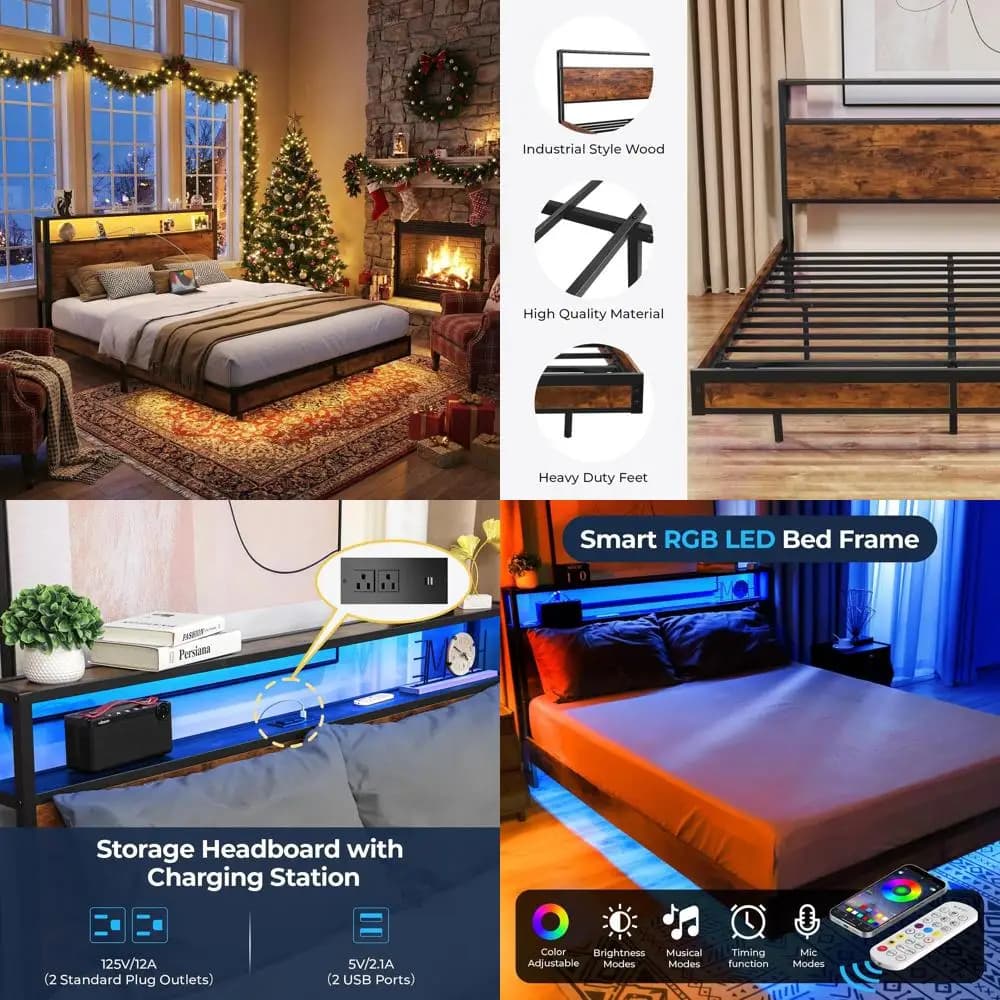 Metal double bed with platform, 2-level container, charging station, LED lights, no spring net, rustic brown