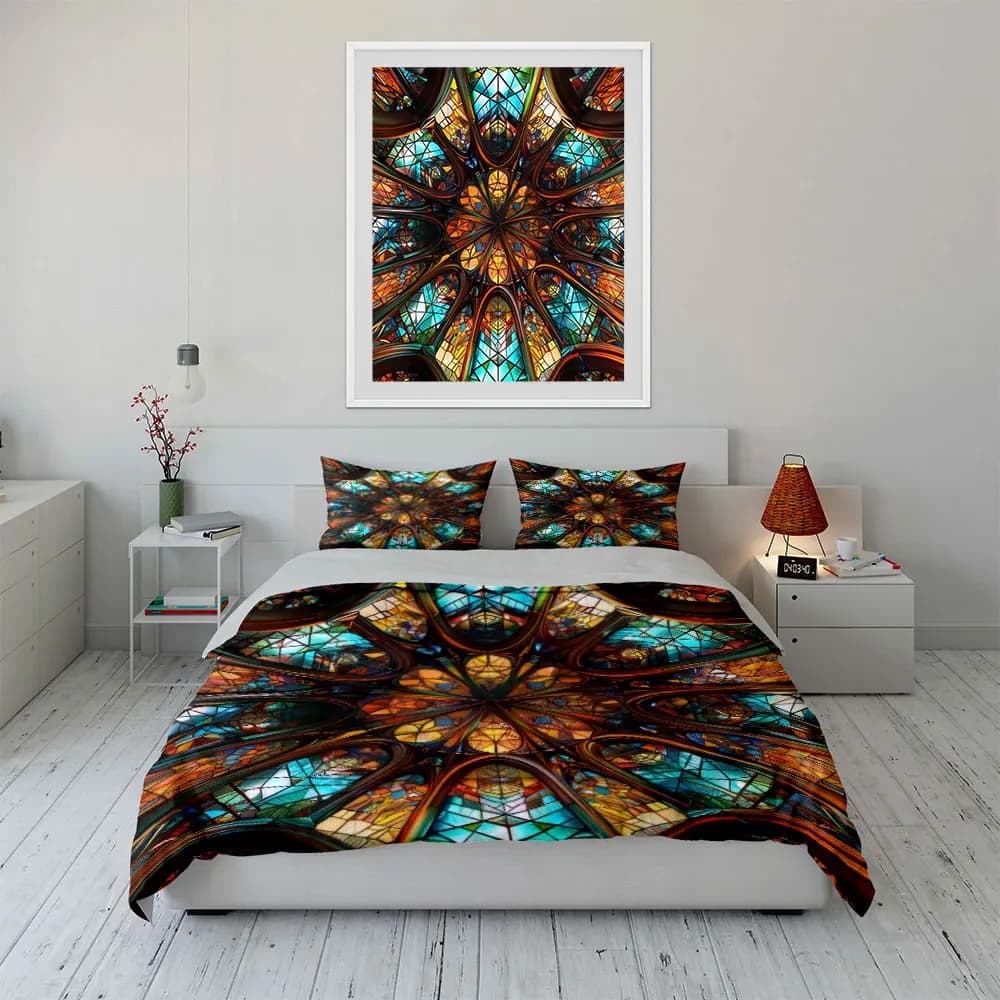 Set di biancheria da letto con decorazioni in vetro colorato, con 1 copripiumino e 2 federe, singolo, matrimoniale, king, queen, regalo