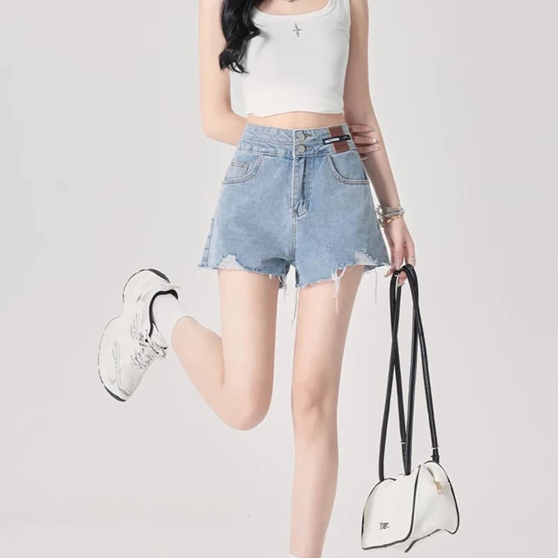 Nuovi Jeans Estivi da Donna Coreani con Bordo Grezzo, Shorts in Denim a Vita Alta Chic, Pantaloncini Larghi alla Moda