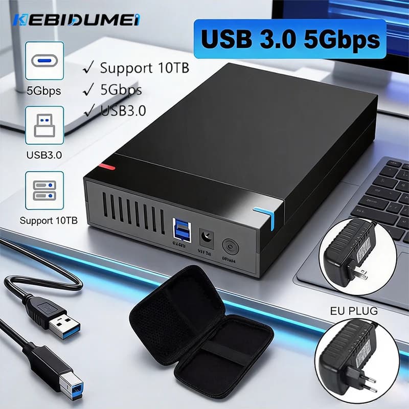 KEBIDUMEI 3.5 Inch SATA to USB3.0 HDD Enclosure High Speed External Hard Drive Case Storage Disk Box with Drive Bag