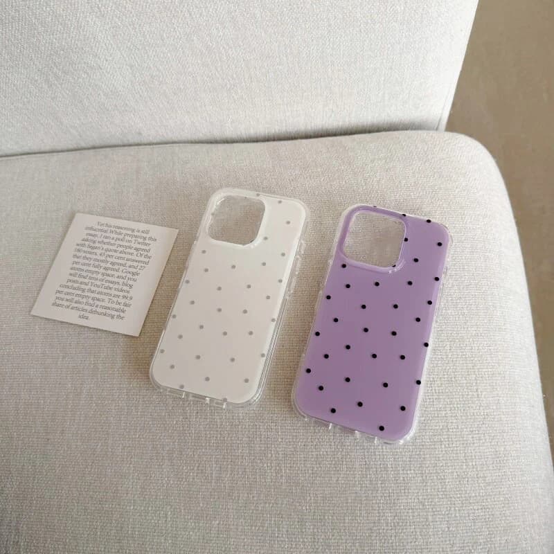 White Korean and purple polka dot phone case for iPhone 17 Air 16 ProMax 15 14 Plus 13 12 11 Pro, back cover of shock-resistant silicone