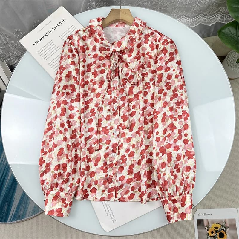 Camicia Elegante da Donna a Maniche Lunghe con Stampa e Cintura, Stile OL Lusso per il Lavoro, Collezione Primavera 2025