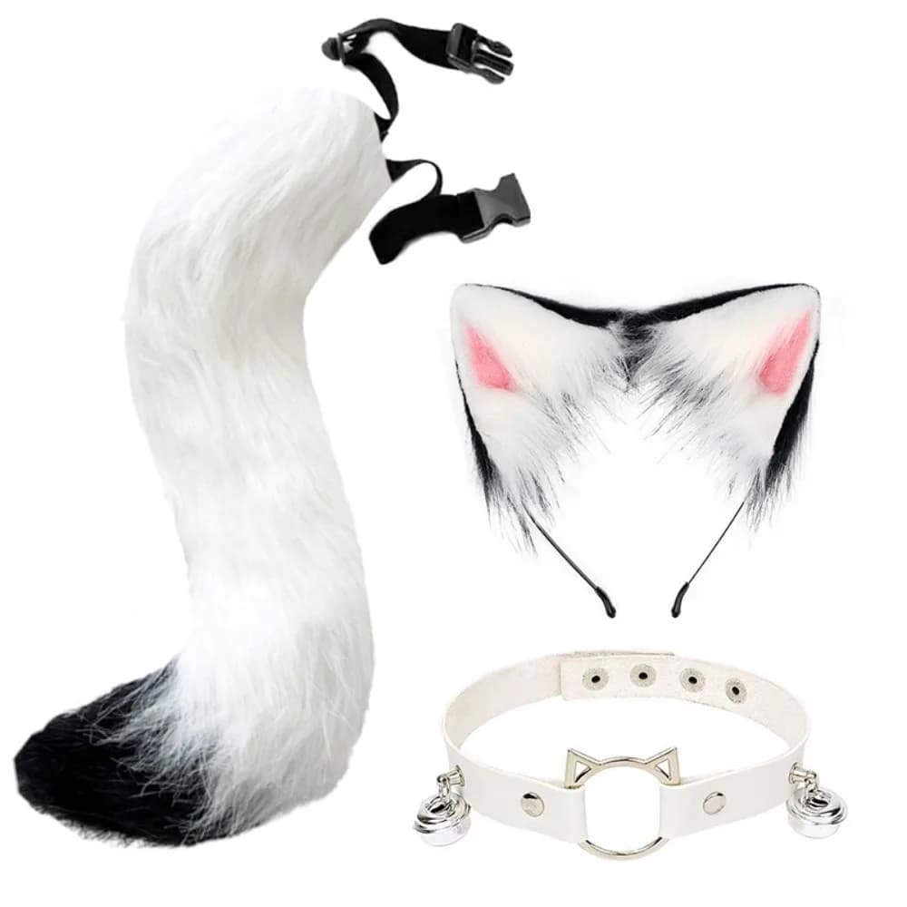 Cat Ears and Wolf Fox Animal Tail Cosplay Costume Faux Fur Hair Clip Headdress Halloween Leather Neck Dress Up Set
