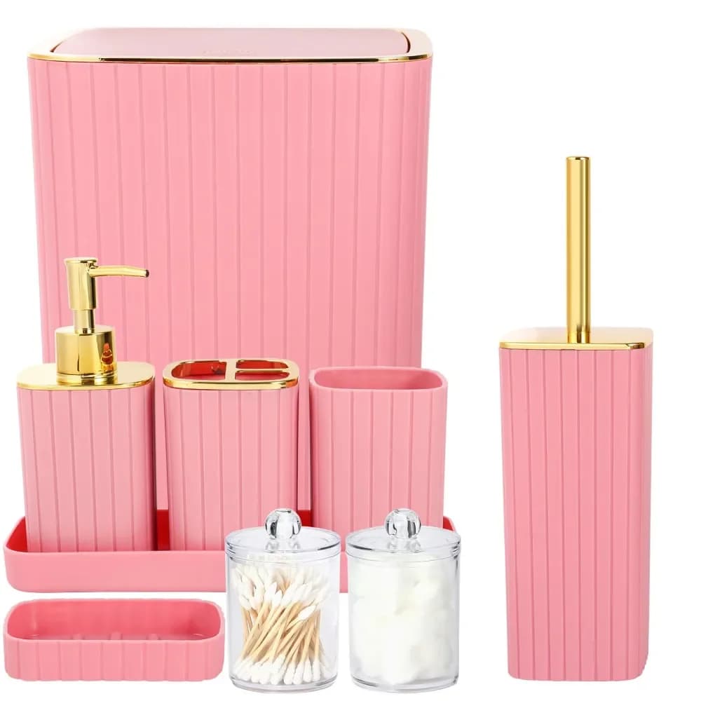 Set di accessori da bagno dorati, set di accessori da bagno rosa, dotato di porta spazzolino, bicchiere per collutorio, dispenser per sapone