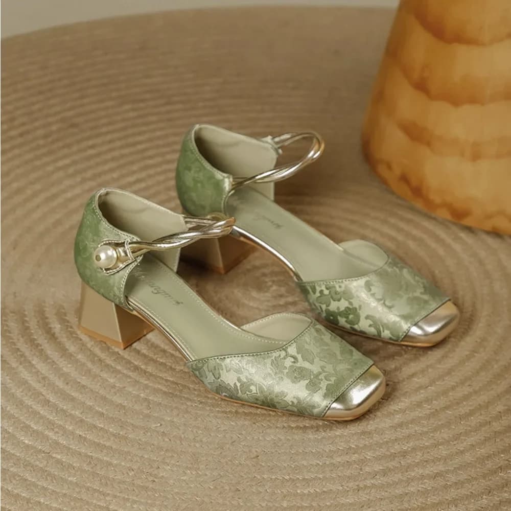 Sandali con tacco alto con punta quadrata per donna Sandali estivi con tacco spesso Mary Jane per donna Nuovi sandali cavi in stile cinese