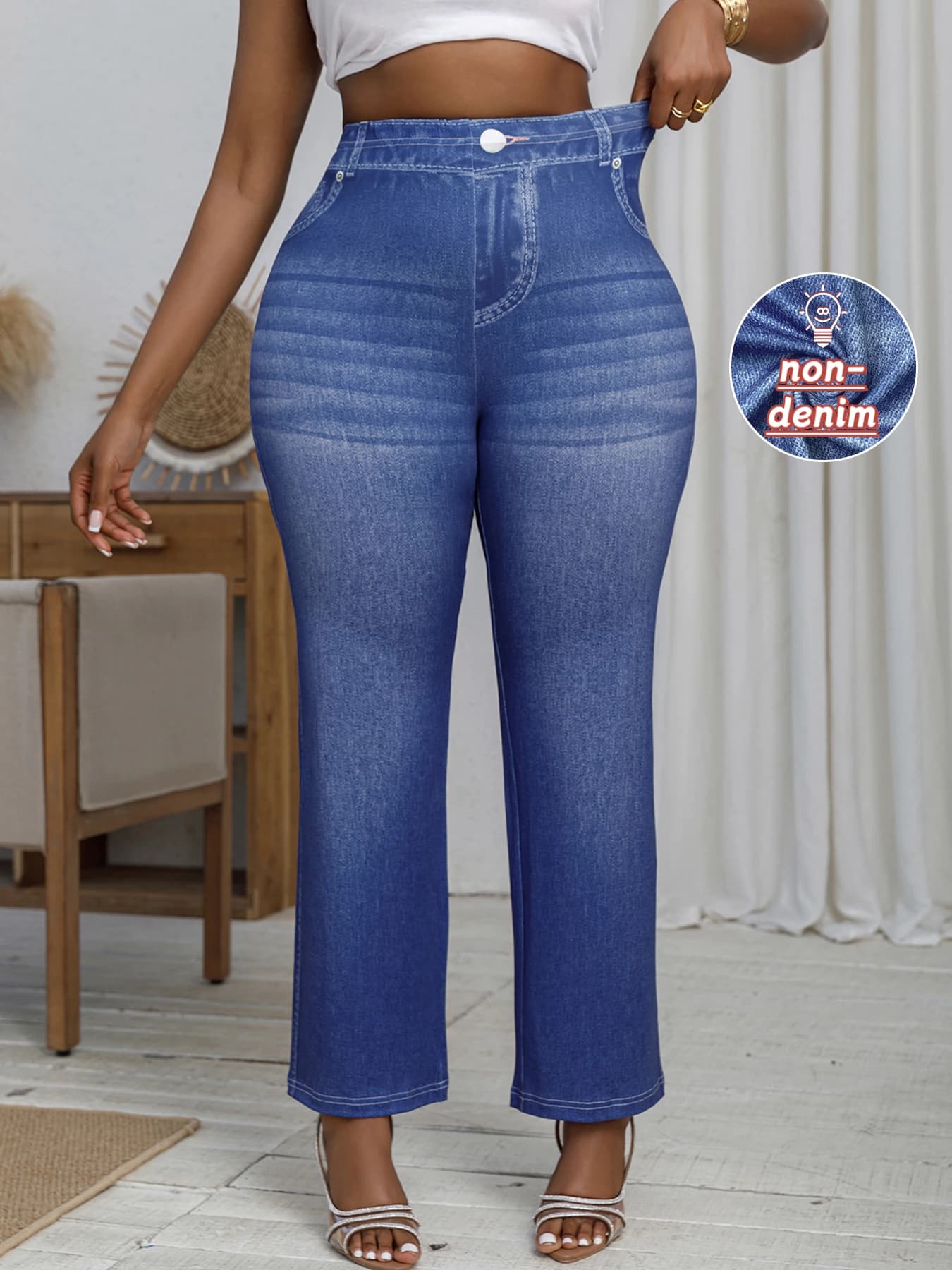 Pantaloni da donna taglie forti Jeans d'imitazione larghi pantaloni a gamba larga stampati pantaloni Casual elastici alti abbigliamento femminile Vintage