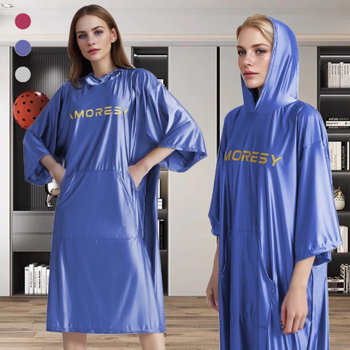 AMORESY Adult Satin Polished Smooth Elasticized Quickdry Swim Bathtub Sleeve Dress Short Bathrobe with Hood Mantle Pijama Gonna Over Size