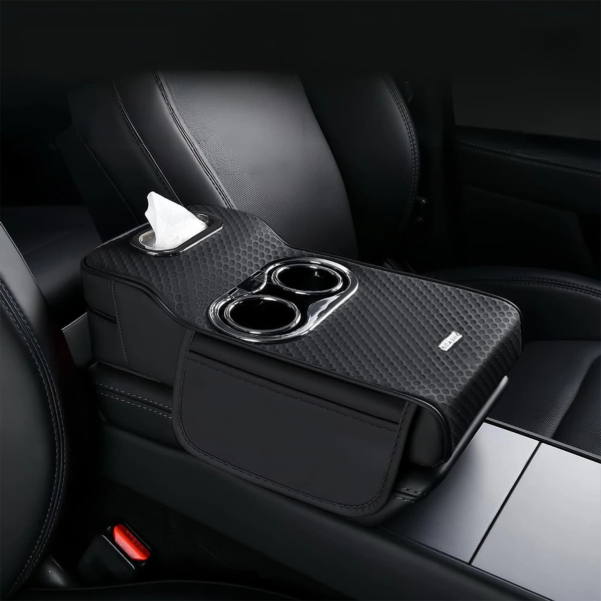 Multifunctional Car Armrest Cushion, Center Console Organizer with Tissue Holder & Cup Holders, Height-Adjustable Armrest Pad