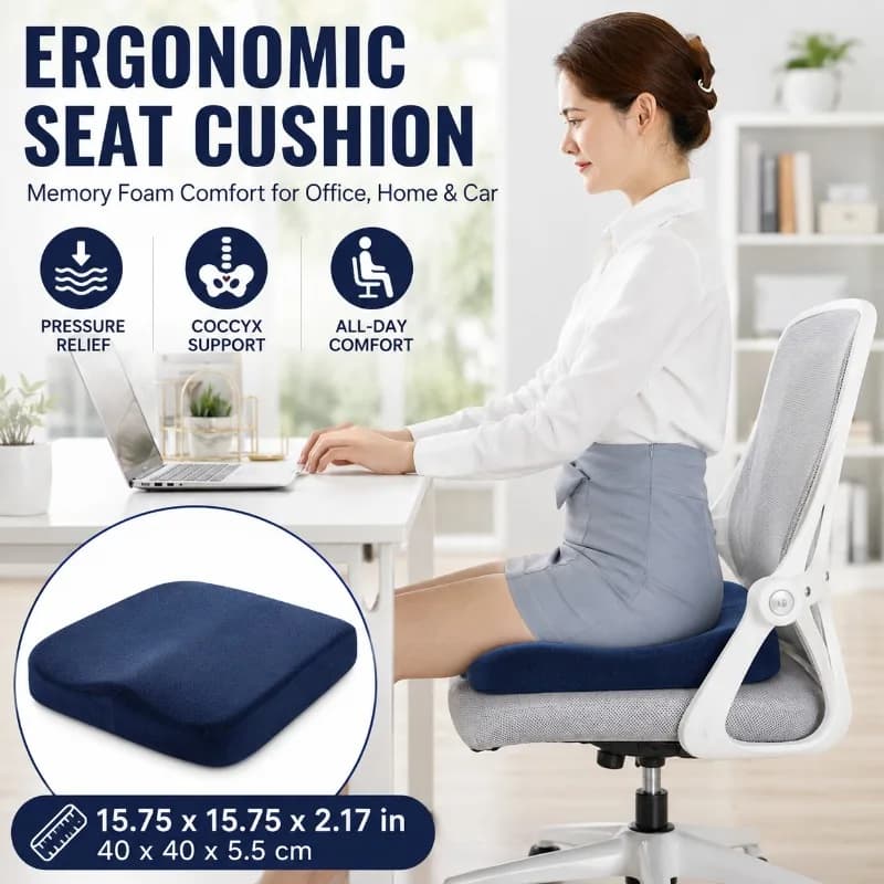 Cuscino per Sedia in Memory Foam Spesso 40x40x5.5cm, Imbottitura Antidolorifica per Ufficio, Auto, Casa, Viaggi e Uso Quotidiano