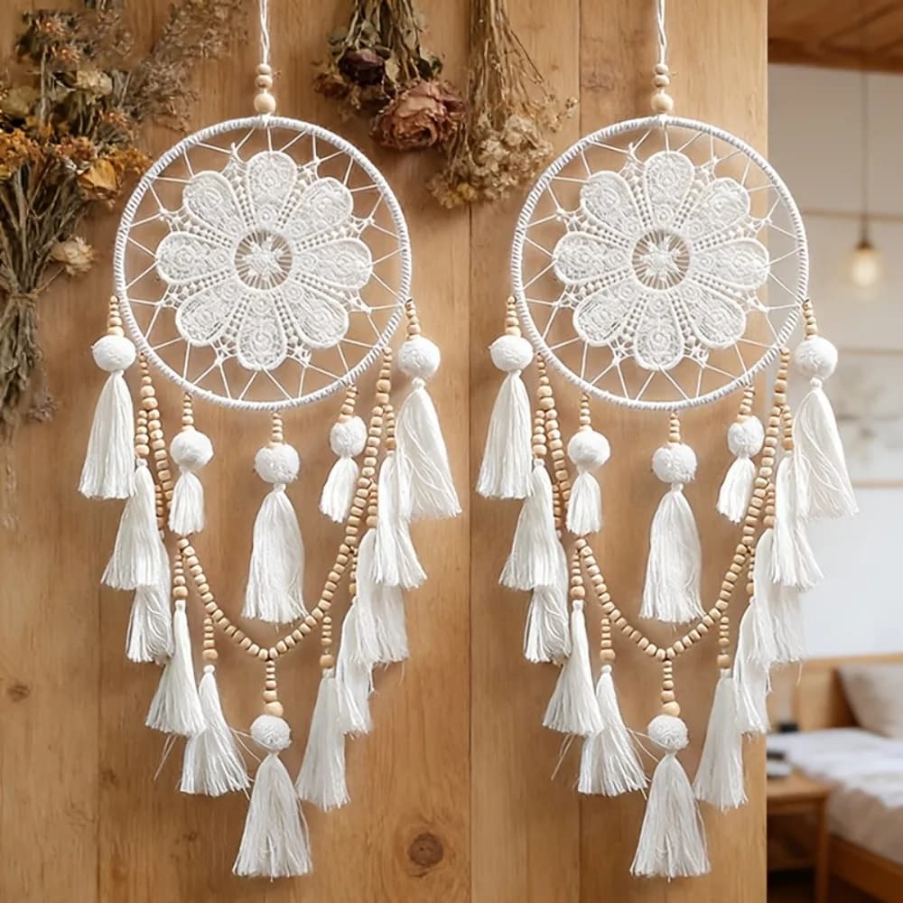 White Tassel Dreamcatcher Wall Hanging Boho Macrame Ornament Nordic Home Decor for Bedroom Living Room Aesthetic Wall Art 1pc