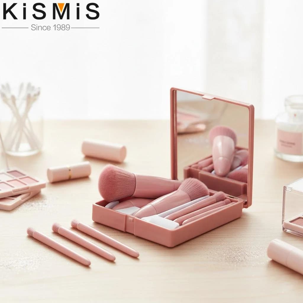 Set di 5 Pennelli da Trucco Portatili con Specchio, Pennelli da Viaggio per Blush, Ombretto e Viso, Strumenti per Cosmetici