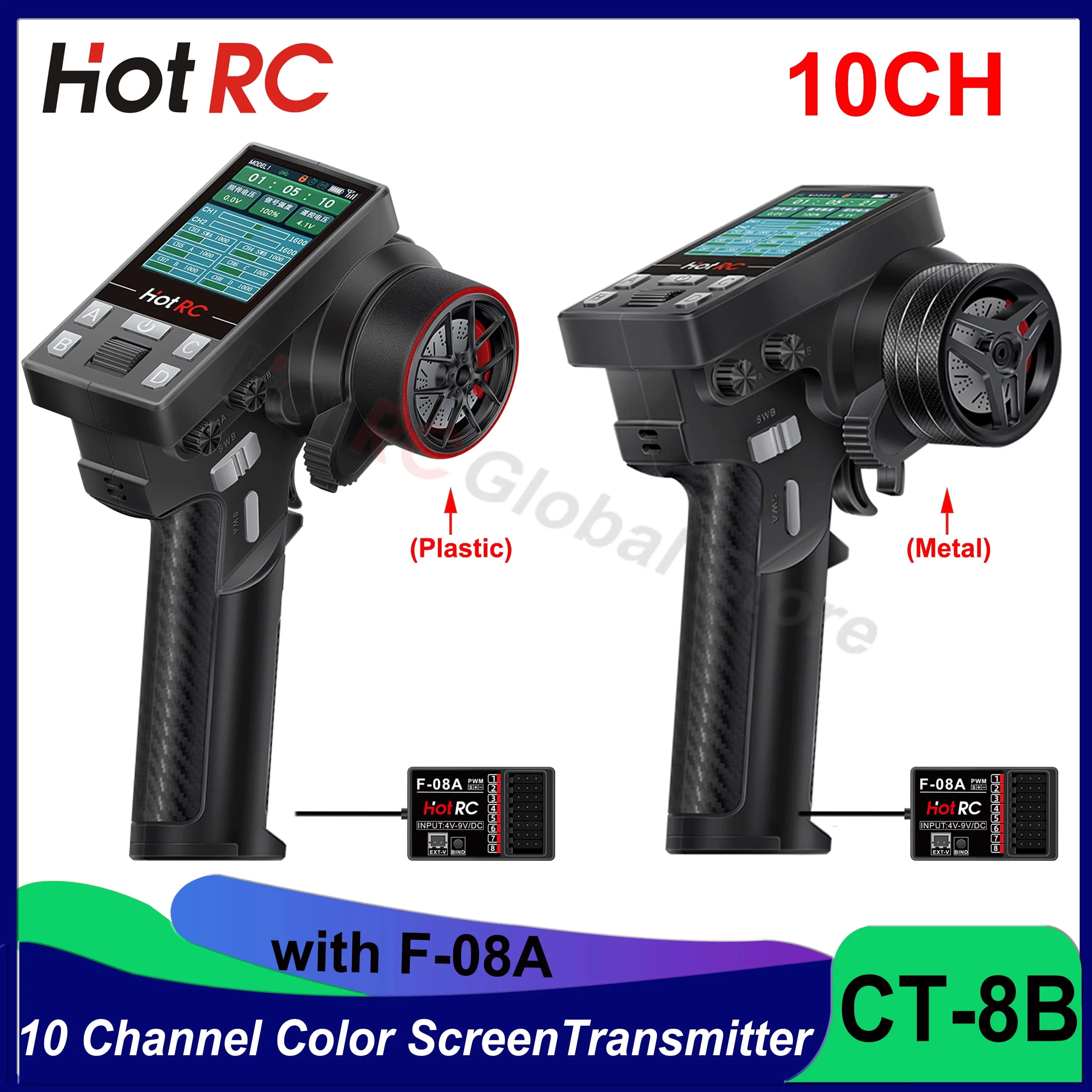 Il più nuovo HOTRC CT-8B 10CH 8 canali telecomando schermo a colori 2.4G 8CH F-08A trasmettitore ricevitore per RC Car Ship Boat Tank