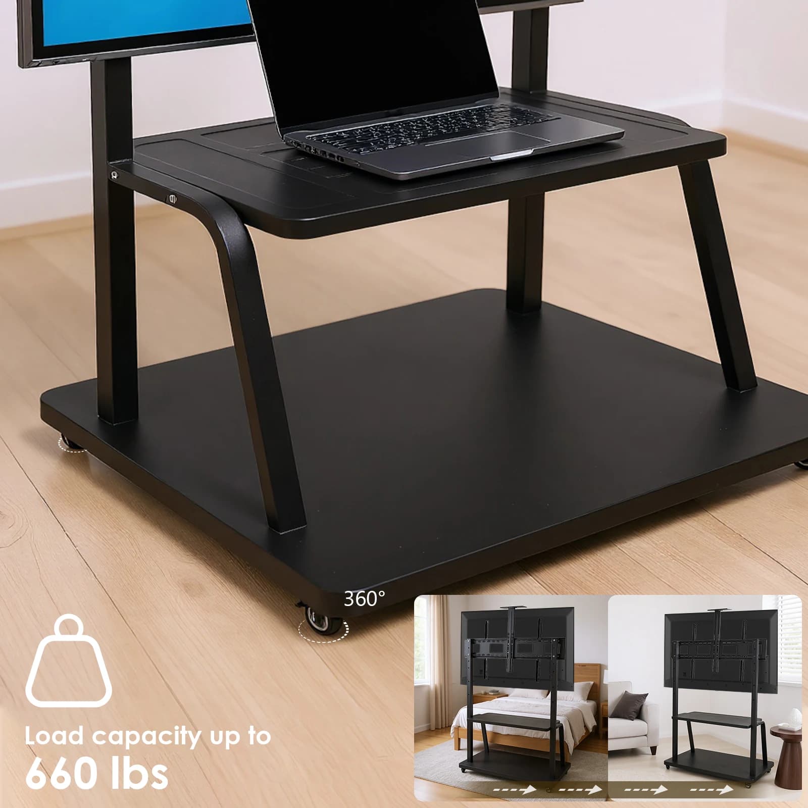 Supporto TV mobile con ruote e ripiano per laptop per schermi piatti da 50-120 pollici, carrello TV con carico massimo fino a 660 libbre, altezza regolabile