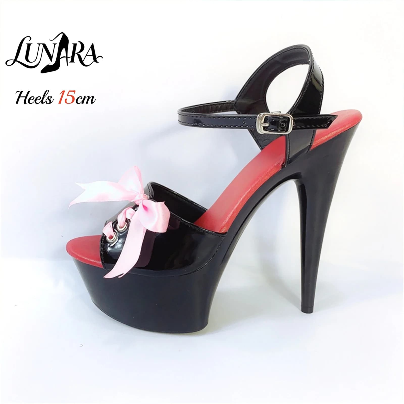 15cm/6Inch Black Patent Ankle Strap Buckle Peep toe Platform Stilettos Pink Bow Stripper Pole dance Nightclubs Rave Parties