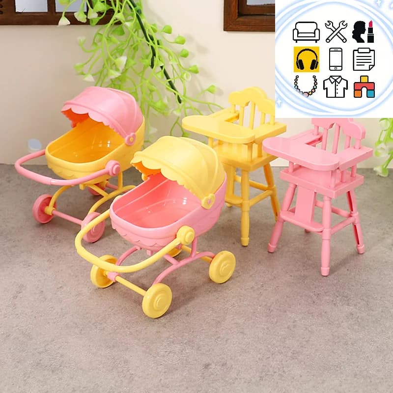 Set Mini Passeggino per Bambole con Tavolino da Pranzo, Giocattolo per Casa delle Bambole, Simulazione Carrozzina per Giochi di Ruolo per Bambini
