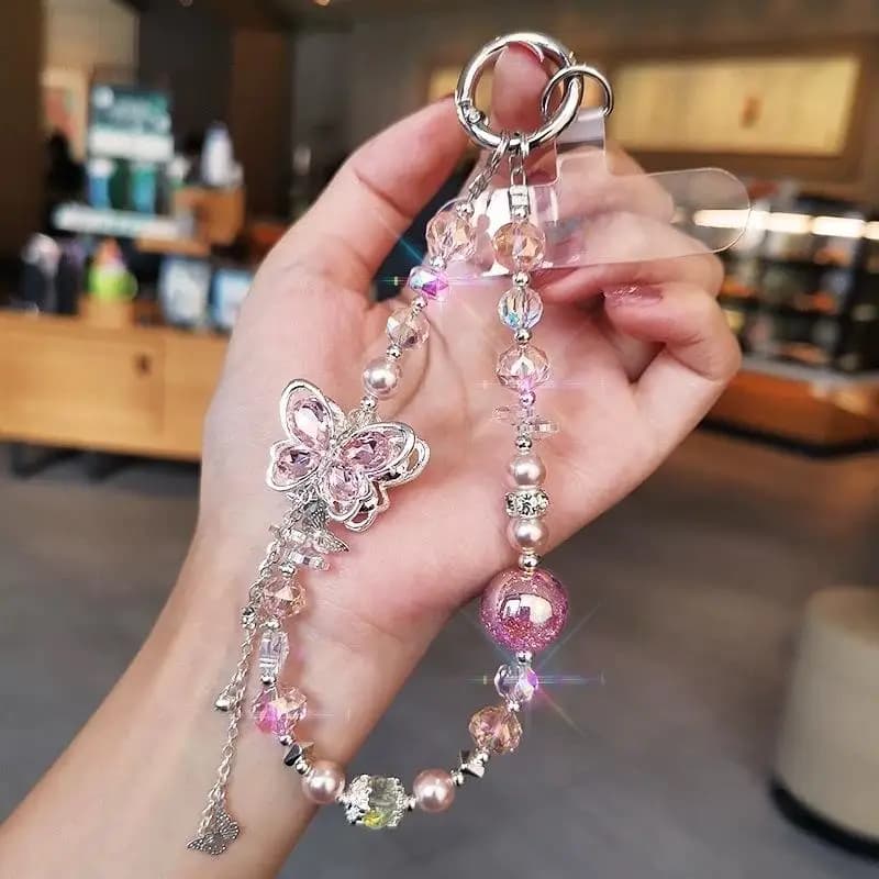 Catena per telefono con perline di cristallo, 1 pezzo, perline rotonde colorate con ciondolo a farfalla per cinturino da polso per cellulare