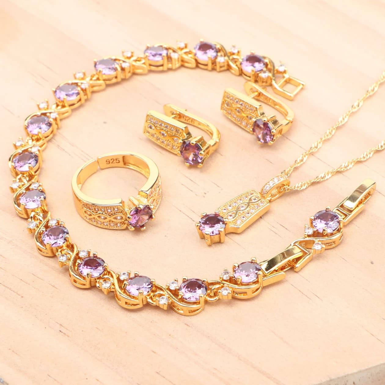 925 Sterling Silver Jewelry Sets Bridal Women Gold Color Purple Zircon Earrings Ring Bracelets Pendant Wedding Necklace Set
