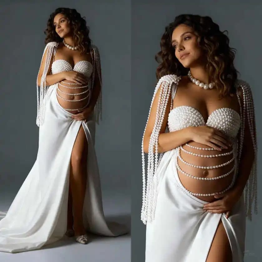 Dreamy Pearls Maternity Bathrobe Baby Shower Dress for Pregnant Women for Photography Shoot Long Dress Custom Made