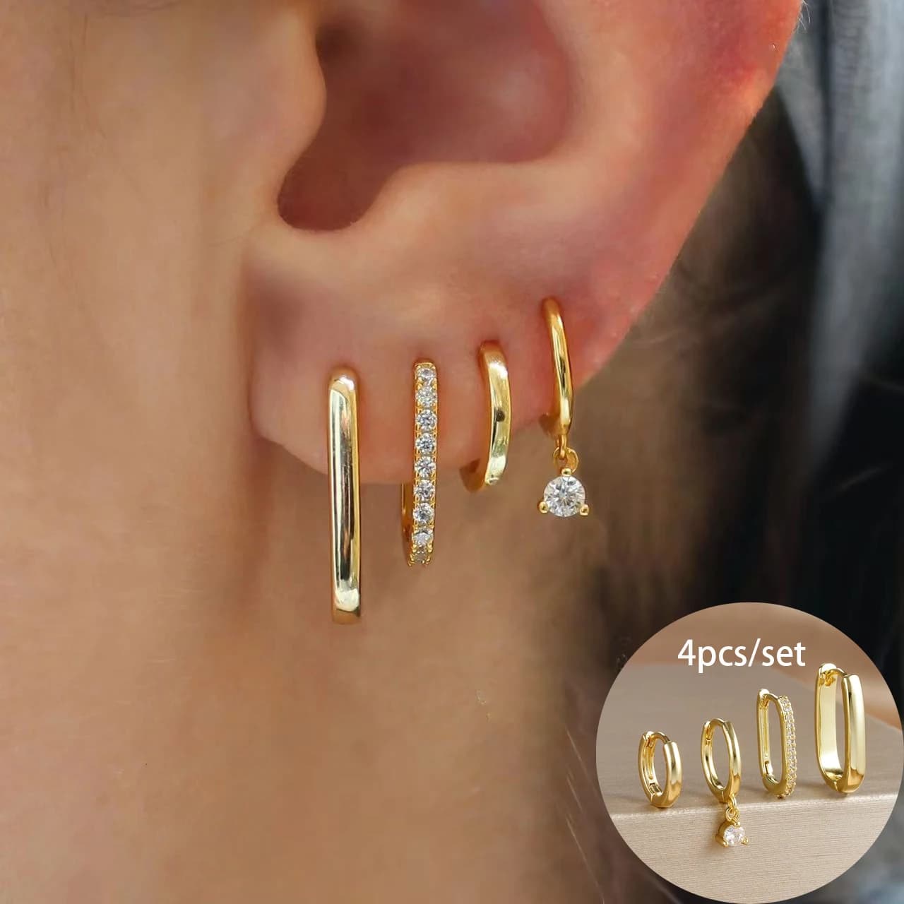 Set di orecchini a cerchio a forma di U placcati in oro di lusso da 4 pezzi per le donne Ciondolo geometrico Huggie Punk Unisex Rock Orecchino Gioielli penetranti