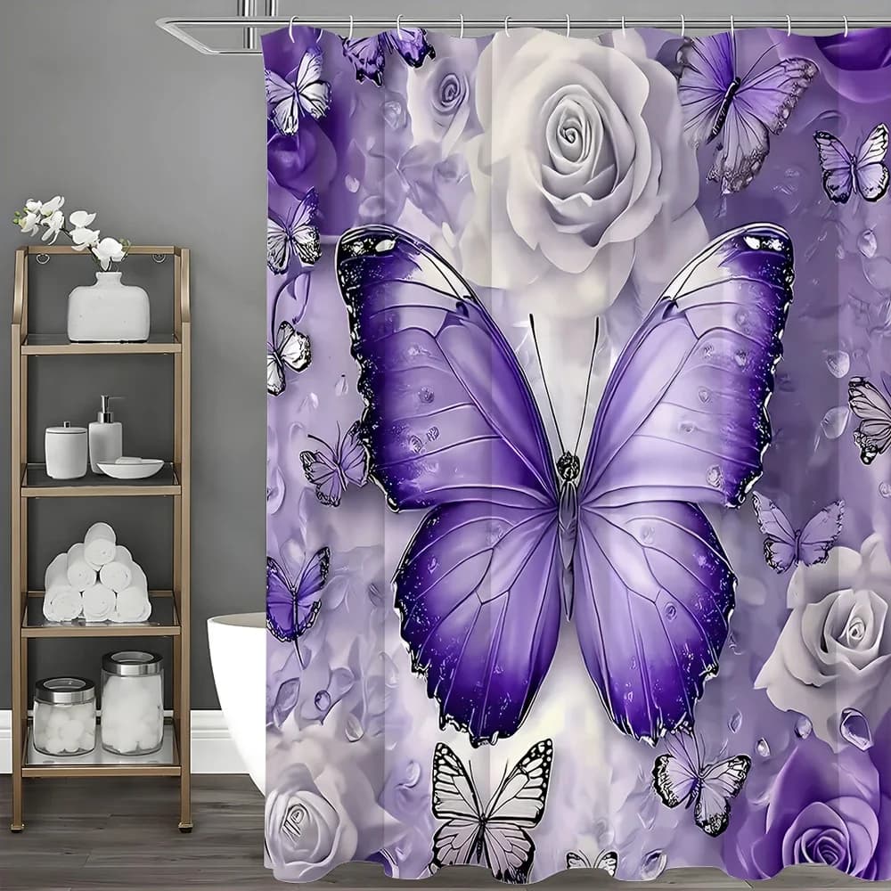 Tenda da doccia con farfalla floreale viola, tenda da doccia decorativa per bagno, tenda da doccia impermeabile con ganci