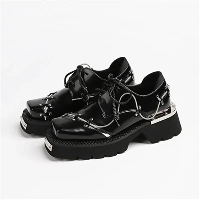 2025 New Retro Metal Decor Women Derby Shoes Thick Sole Leather Shoes Casual Loafers Black Lace-up Platform Flats