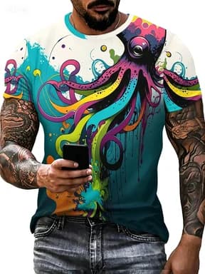 Colorful Graffiti Octopus Short Sleeved T-shirt for Men Trendy and Cool Street Casual Top