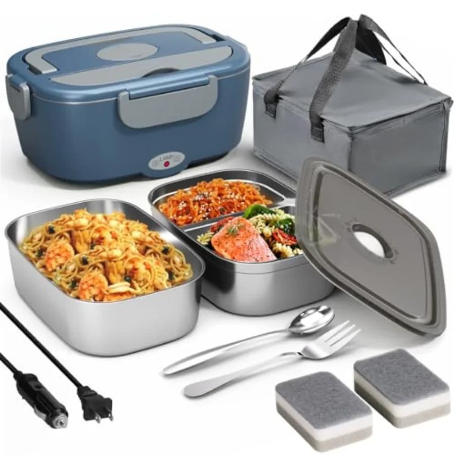 Scaldavivande Elettrico per Uomini e Donne - Lunch Box Elettrico da 80W per Adulti con Doppio Contenitore in Acciaio Inox 304 da 1,5L, Riscaldamento Rapido