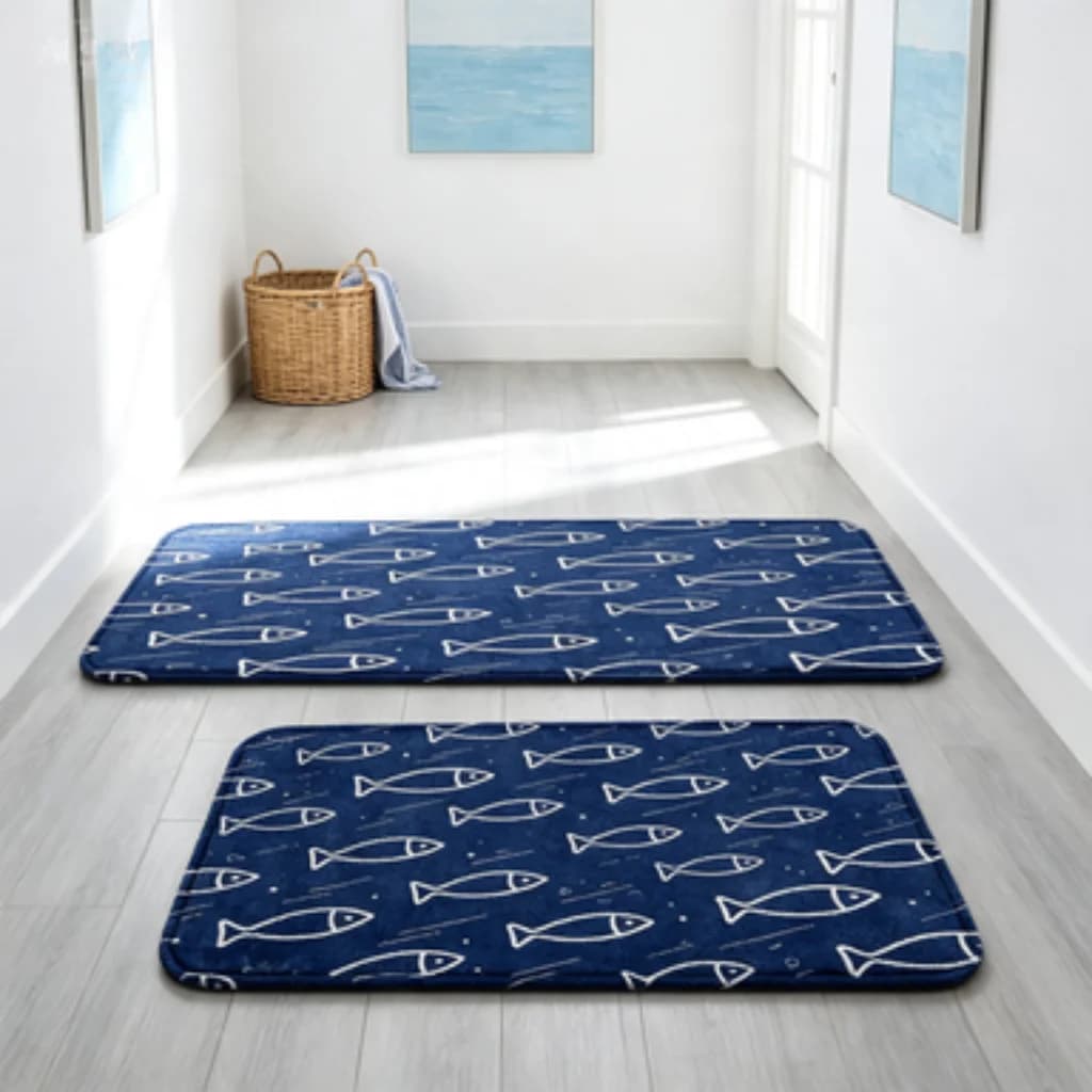 Navy Shark Line Runner, Dark Polka Cat Paw Mat, Pink Balloon Bow Star Door Mat, Cute Cat Collection Rug.