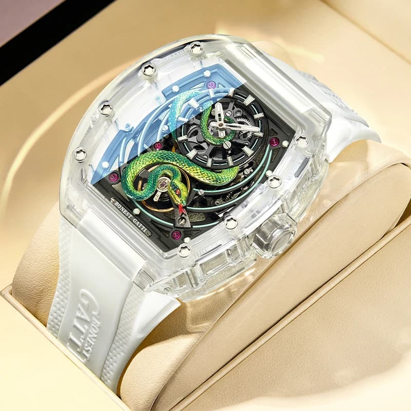 BONEST GATTI Orologio meccanico da uomo con cristallo di zaffiro, orologio da polso con quadrante con motivo a serpente, impermeabile, a doppia faccia, luminoso, impermeabile fino a 30 m