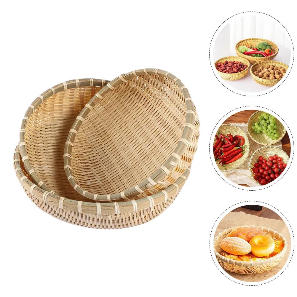 3Pcs Bamboo Woven Multipurpose Food Basket Tray for Vegetables Rice Fruits Snacks Dried Fruit Tea Cake Storage Organizer