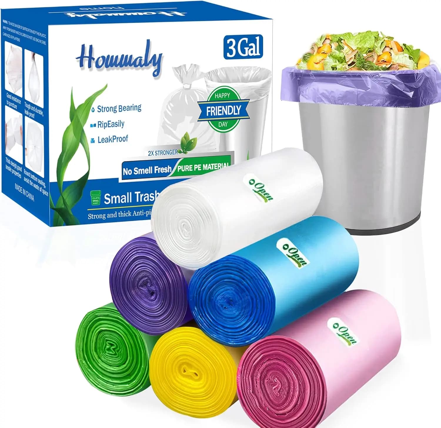 300 Sacchetti Multicolore per Rifiuti, Sacchi Resistenti da 3 Galloni per Cestini di Rifiuti in Bagno e Ufficio
