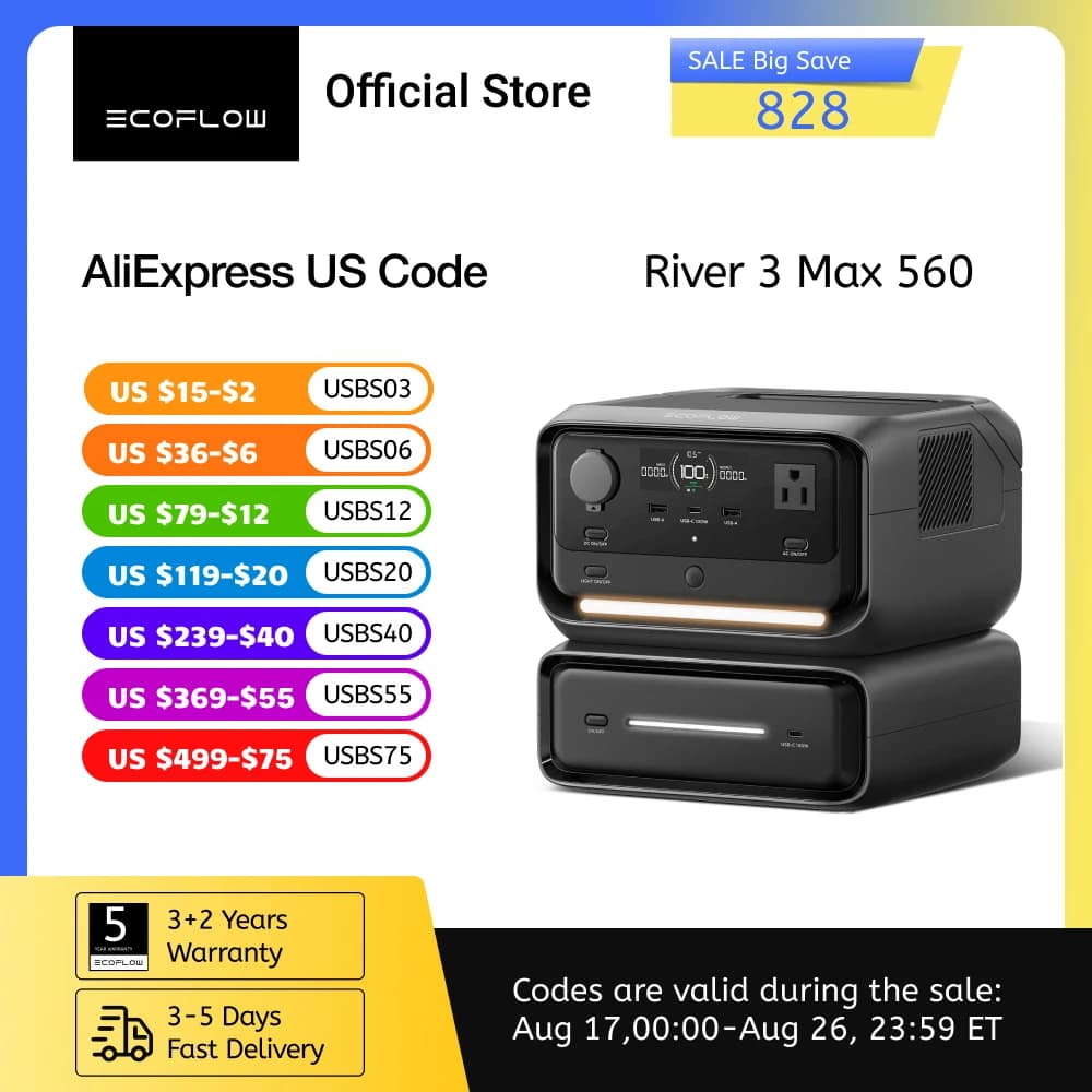 ECOFLOW River 3 Max 560 Portable Power Station, Extra Battery EB300 and River 3 Plus 270, 268Wh-554Wh Expansion LiFePO4 Battery with 10-Year Lifespan, Built-in 140W USB-C Port for Charging/Discharging, Use Independently