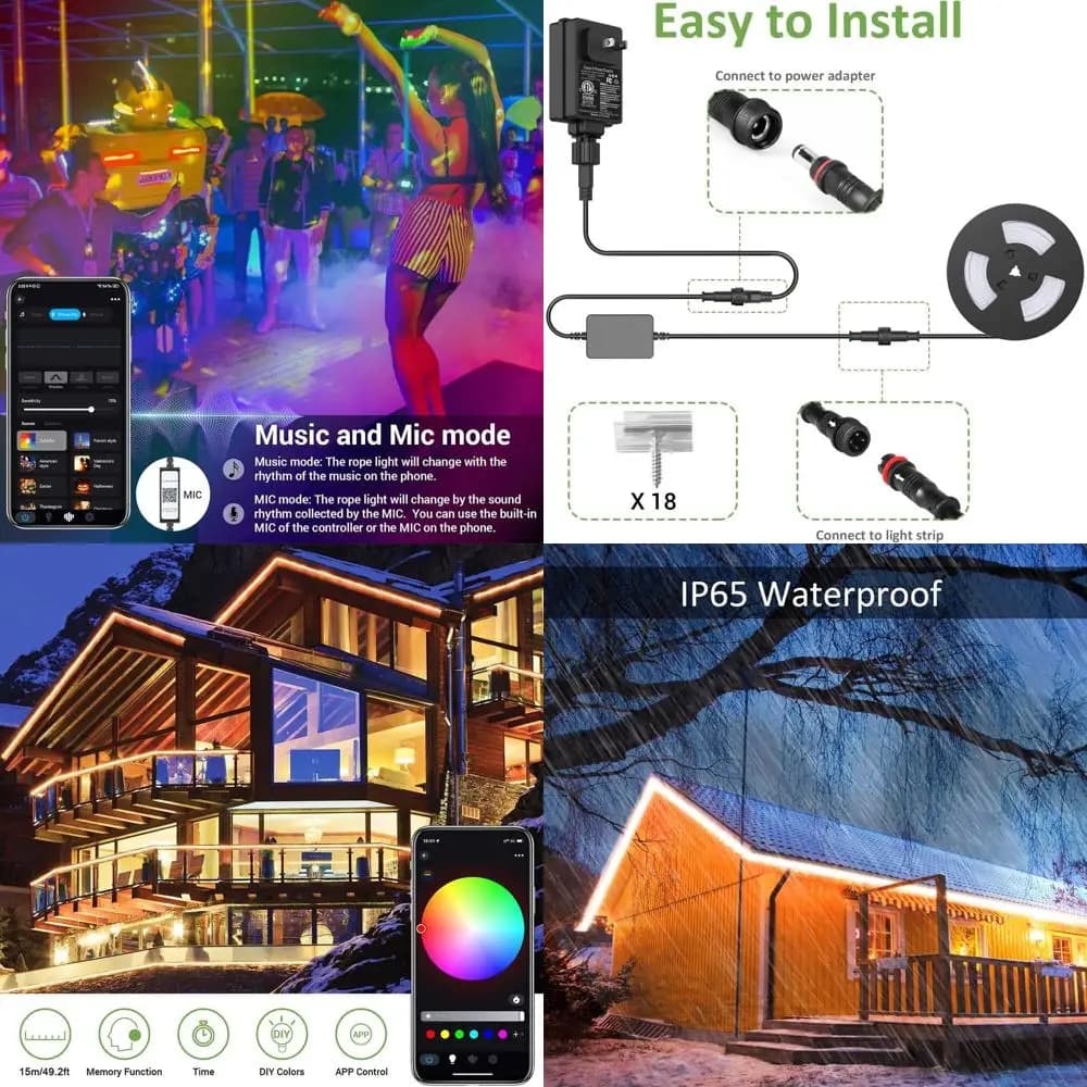 Corda LED RGB da 49,2 piedi, striscia intelligente per esterni con sincronizzazione musicale, app e telecomando RF, dimmerabile per illuminazione da giardino e feste, 2