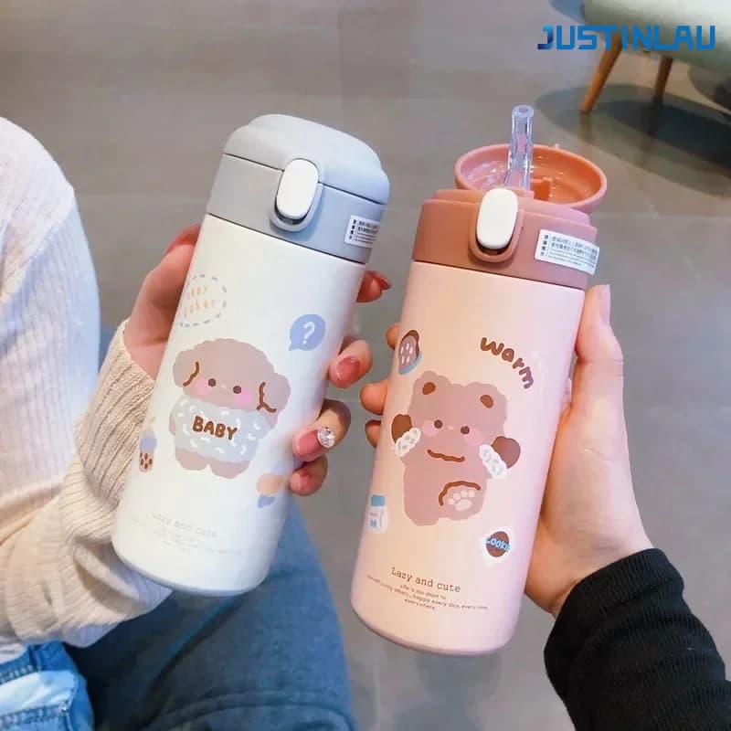 JUSTINLAU Orso Tazze 380ml Thermos Del Fumetto per la Ragazza Carino Piccolo Studente Bottiglia di Acqua di Paglia Portatile Thermos Boccetta di Vuoto Bere