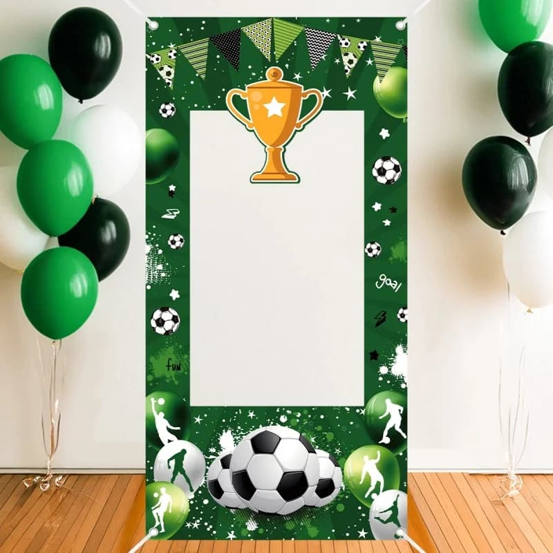 Sfondo di compleanno da appendere con occhielli angolari a 4 angoli per la decorazione di cabine fotografiche per feste, sfondo fotografico a tema calcio