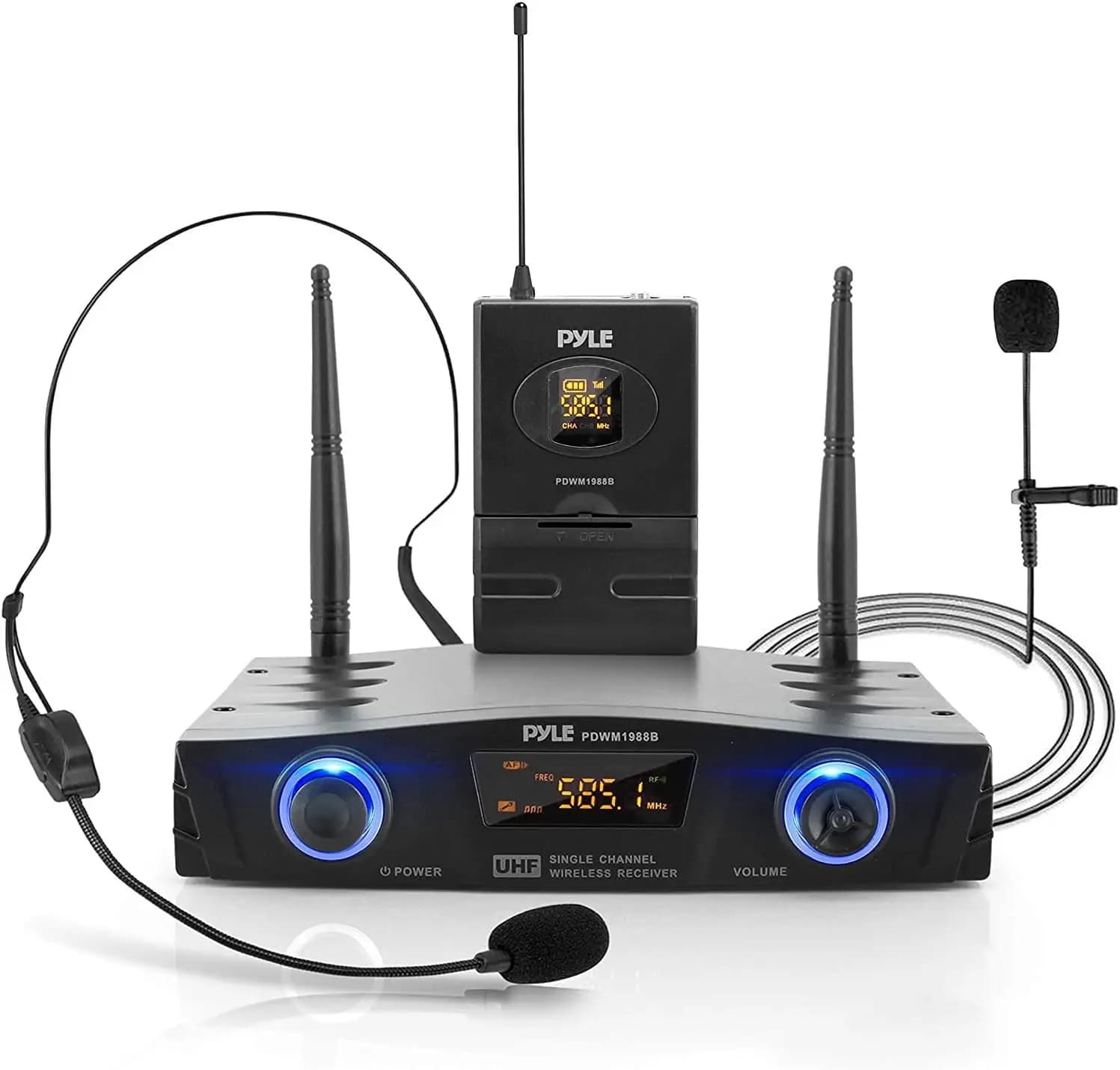 Compact UHF wireless microphone system - 1 channel digital receiver with belt box, headphones and lavalier microphones, XLR, black, PDWM1988B
