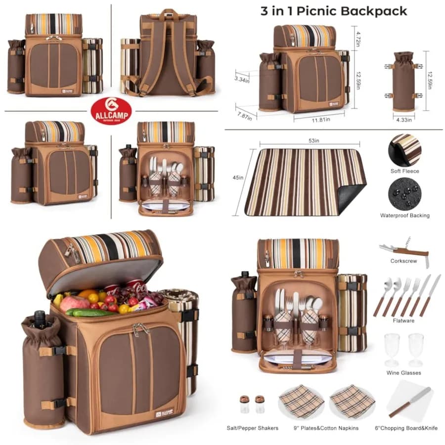 Zaino da Picnic ALLCAMP - Borsa Termica Isolata con Scomparto, Portabicchieri Staccabile, Coperta e Set di Posate, P