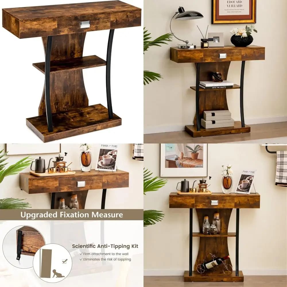 Consolle moderna e stretta a forma di T con cassetto e ripiani: dietro lo spazio di archiviazione del divano, design antiribaltamento, mobili per ingresso foyer