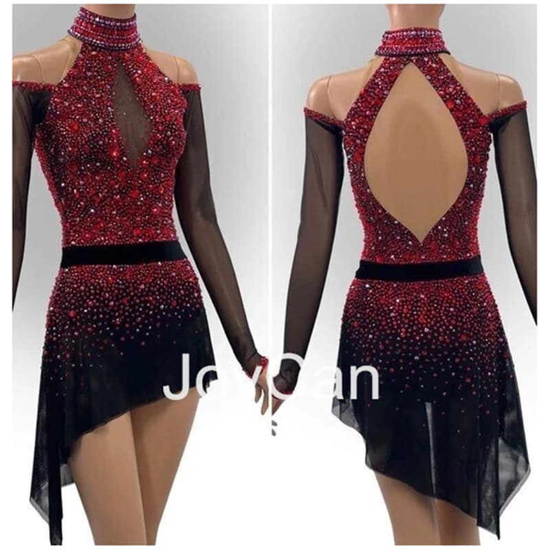 JoyCan Abito da pattinaggio artistico su ghiaccio per ragazze Blu Spandex Maglia elastica Competizione Abbigliamento da ballo Personalizzato BD9827