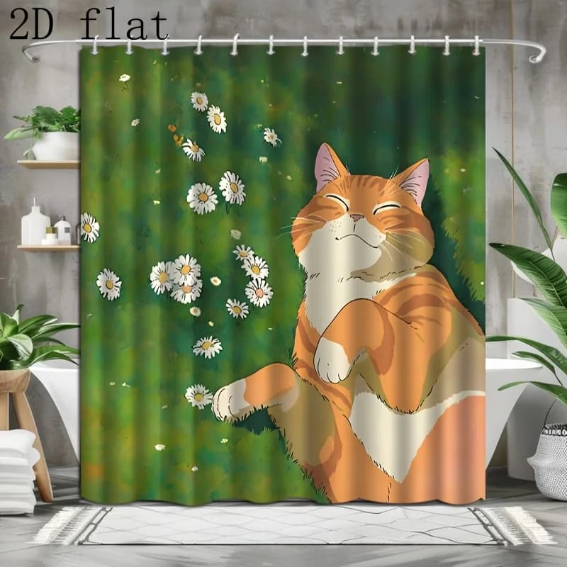 1pc Shower Curtain with Hooks, Cat and Daisy Pattern, Can Be Used as Bathroom Partition, Window Curtain, Home Decor, Daily or Fe